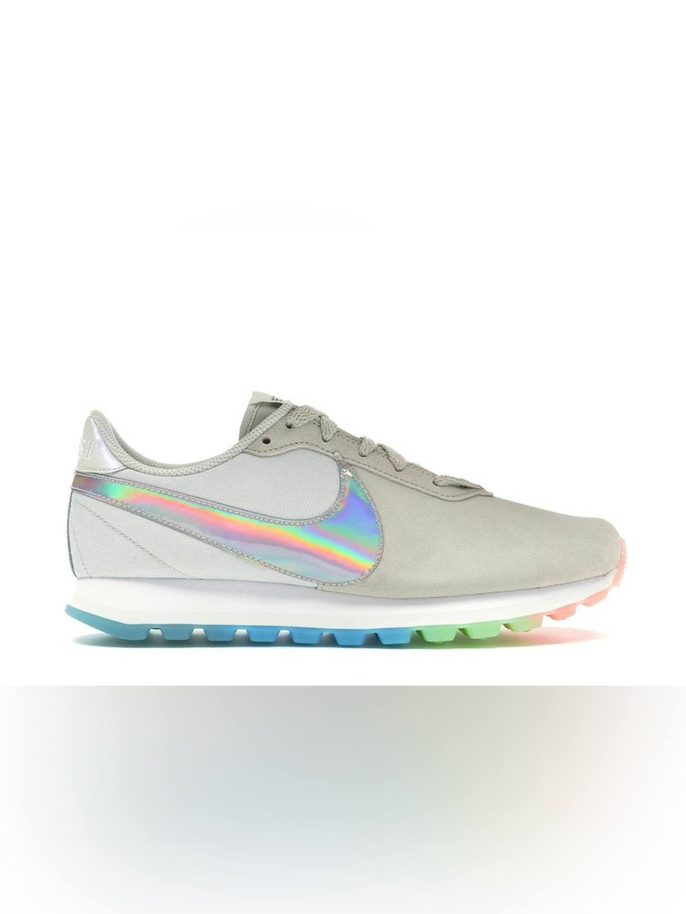 Nike women’s Light Gray Sneaker with Iridescent Swoosh pre-love O.x. Rainbow